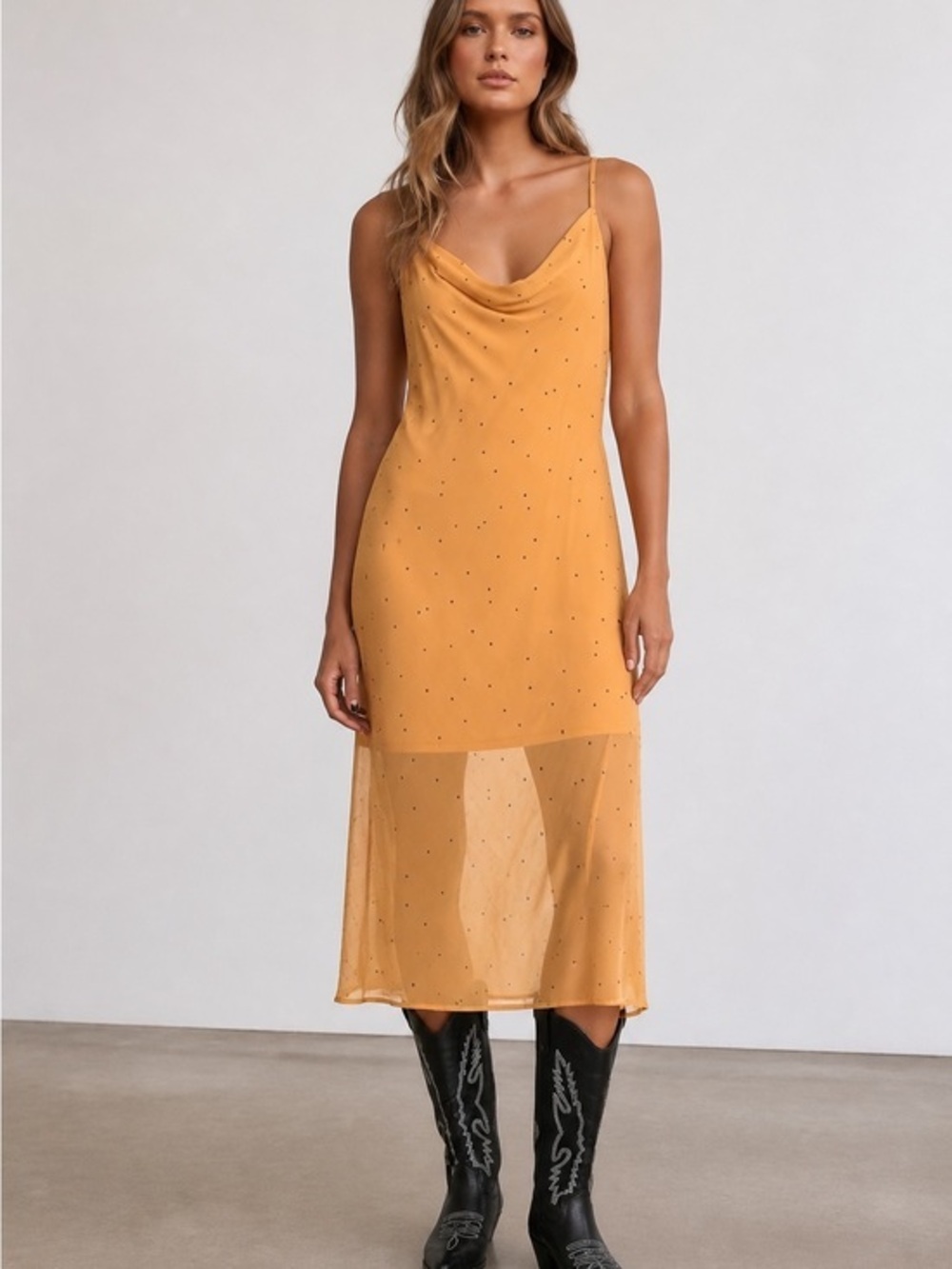 Yellow Slip Midi Dress with Sheer Hem